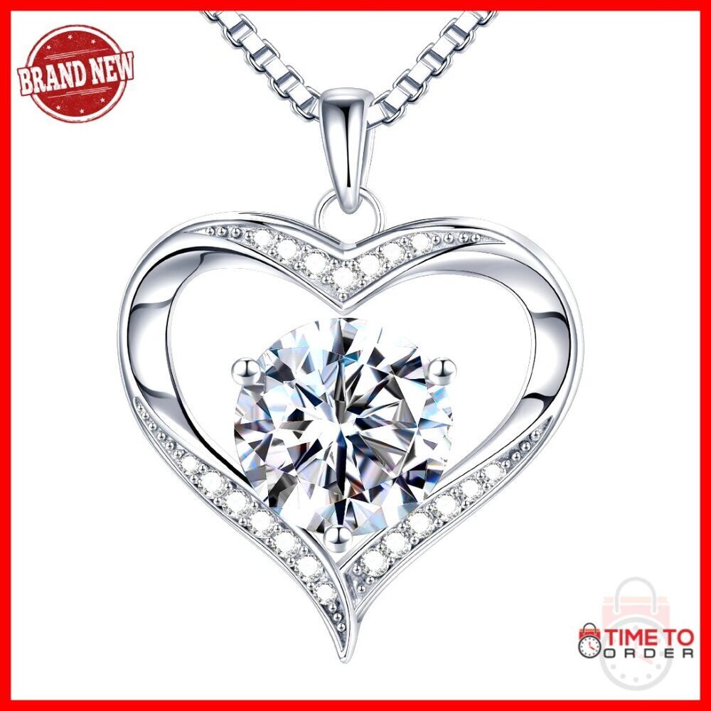 Sterling Silver Moissanite Heart Necklace, 19" Chain, Gift Box